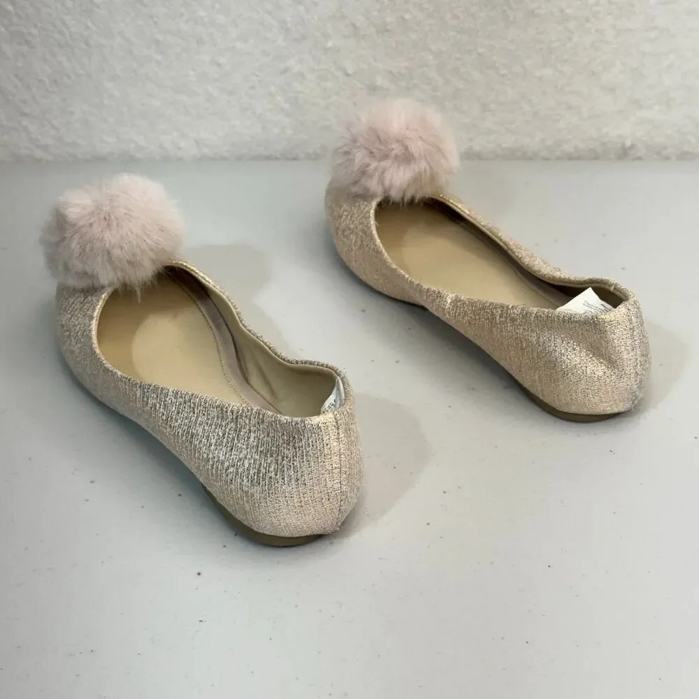 Gymboree Metallic Rose Gold Pink Ballet Flats Fluff Pom-Poms Size 1 Spring Dress